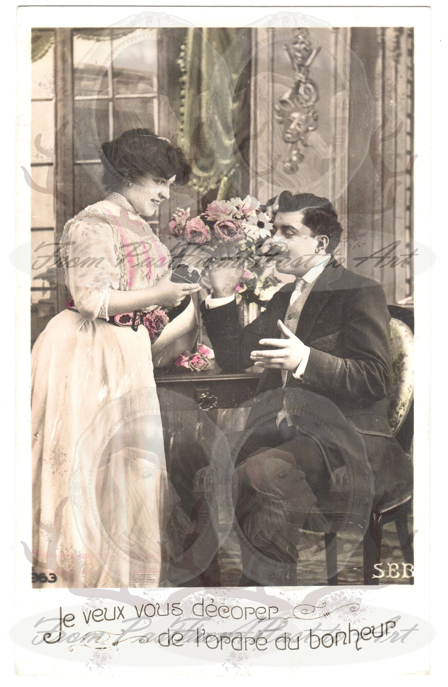 x 8 Authentic Vintage French Postcards - Handwritten Antique - Valentine Love Couples - 600dpi Scans - Out of Collection of more than 400 postcards