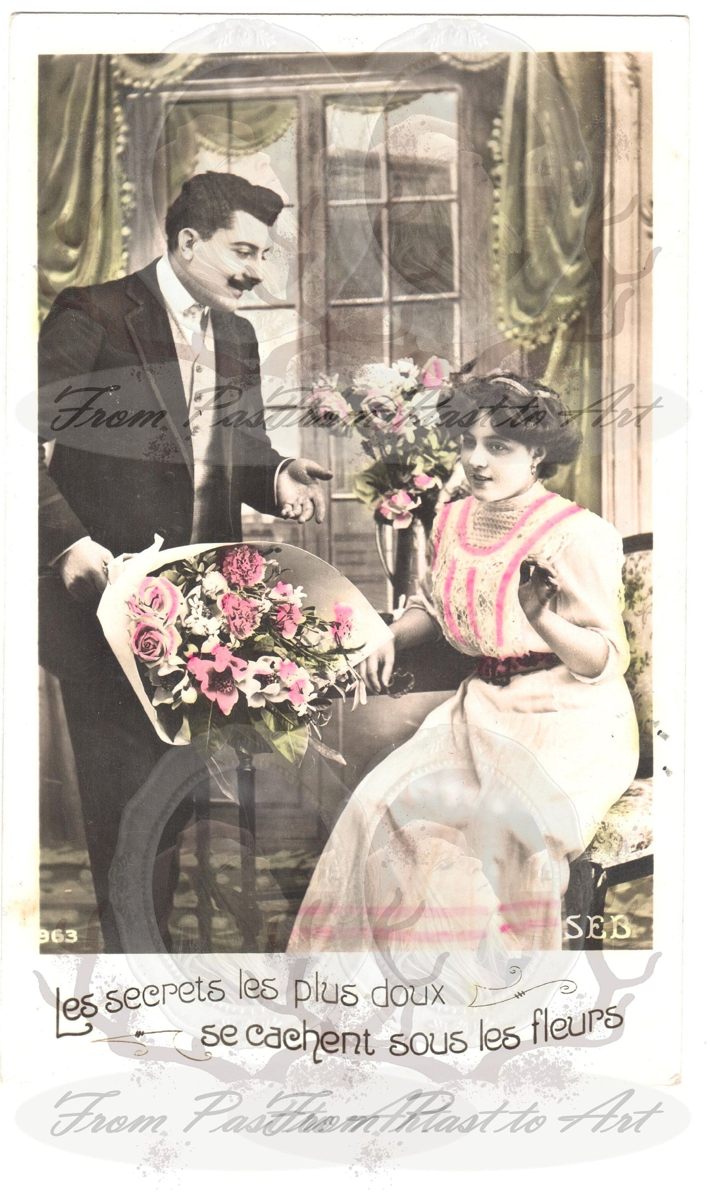x 8 Authentic Vintage French Postcards - Handwritten Antique - Valentine Love Couples - 600dpi Scans - Out of Collection of more than 400 postcards
