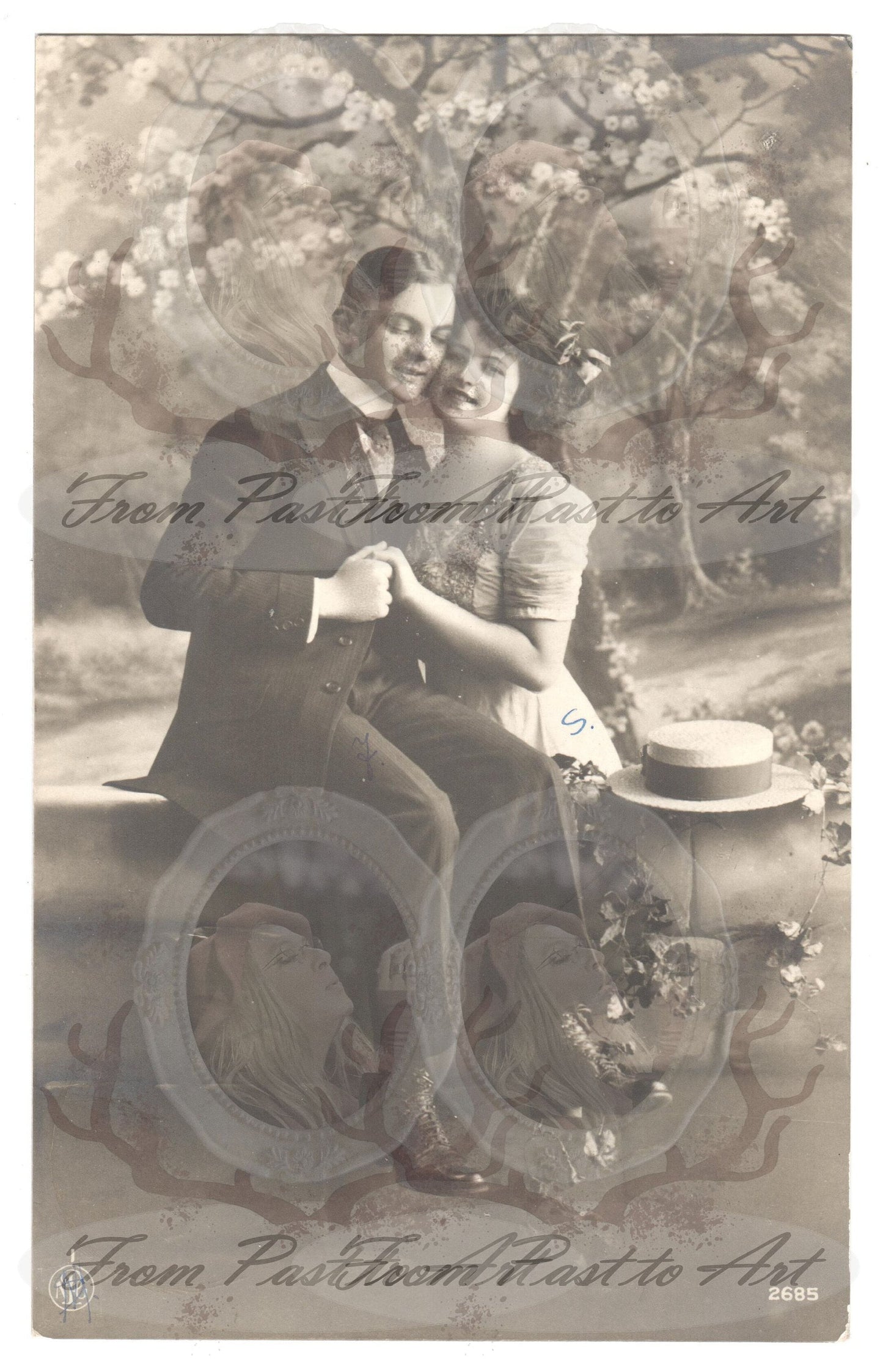 x 8 Authentic Vintage French Postcards - Handwritten Antique - Valentine Love Couples - 600dpi Scans - Out of Collection of more than 400 postcards