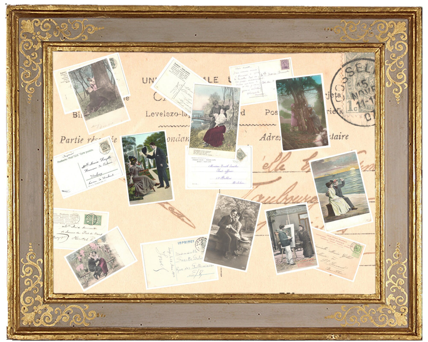 x 8 Authentic Vintage French Postcards - Handwritten Antique - Valentine Love Couples - 600dpi Scans - Out of Collection of more than 400 postcards