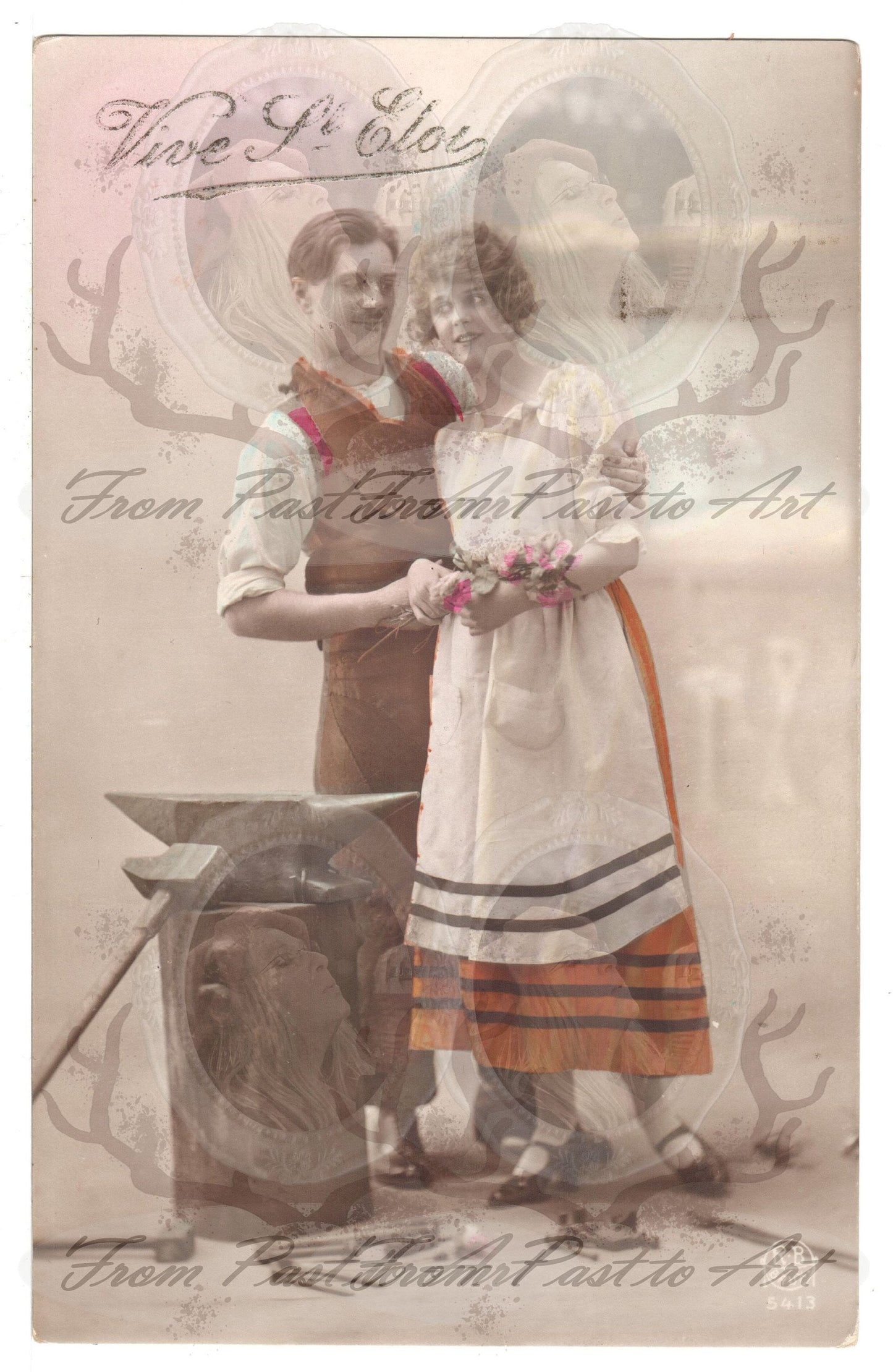 x 8 Authentic Vintage French Postcards - Handwritten Antique - Valentine Love Couples - 600dpi Scans - Out of Collection of more than 400 postcards