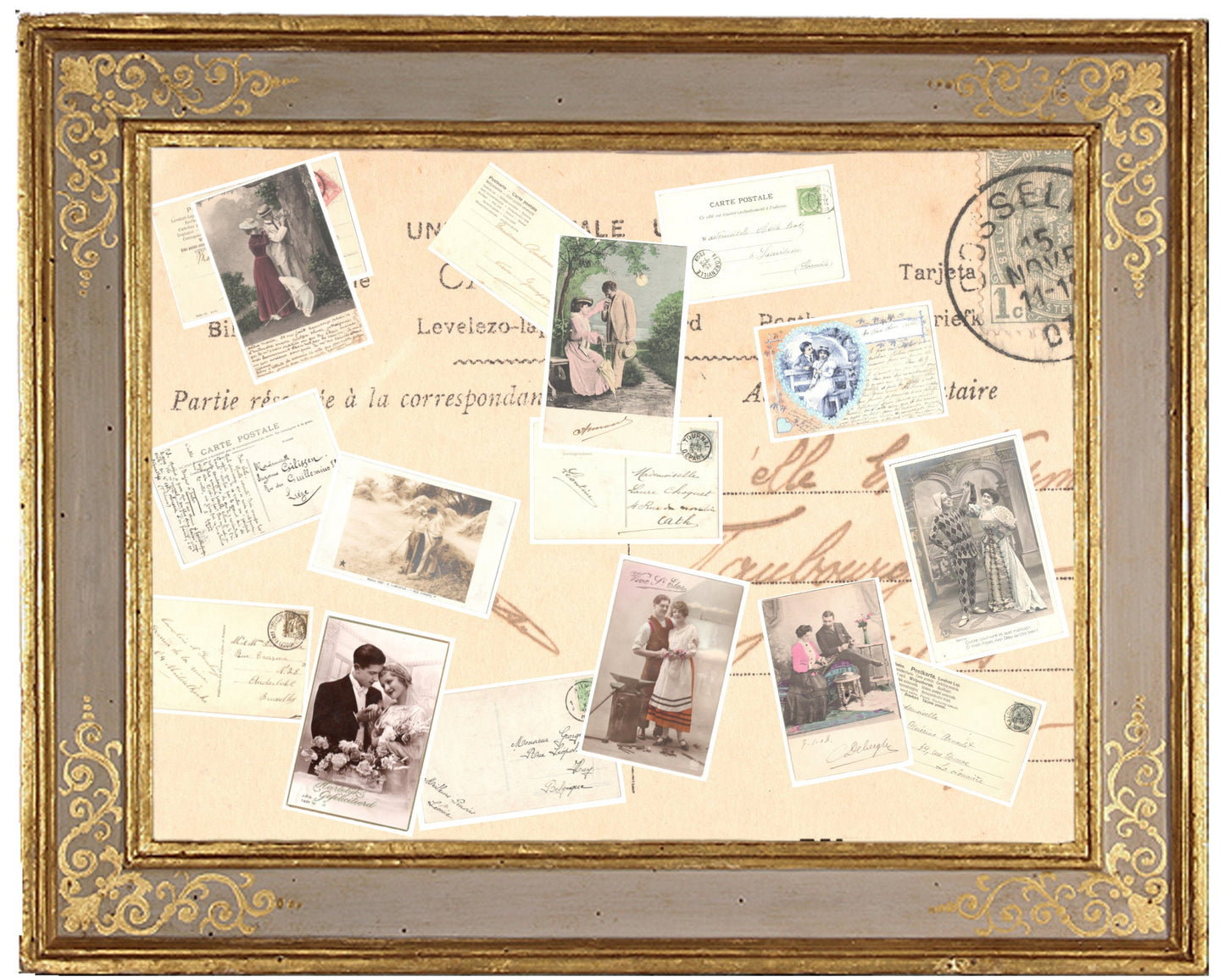 x 8 Authentic Vintage French Postcards - Handwritten Antique - Valentine Love Couples - 600dpi Scans - Out of Collection of more than 400 postcards