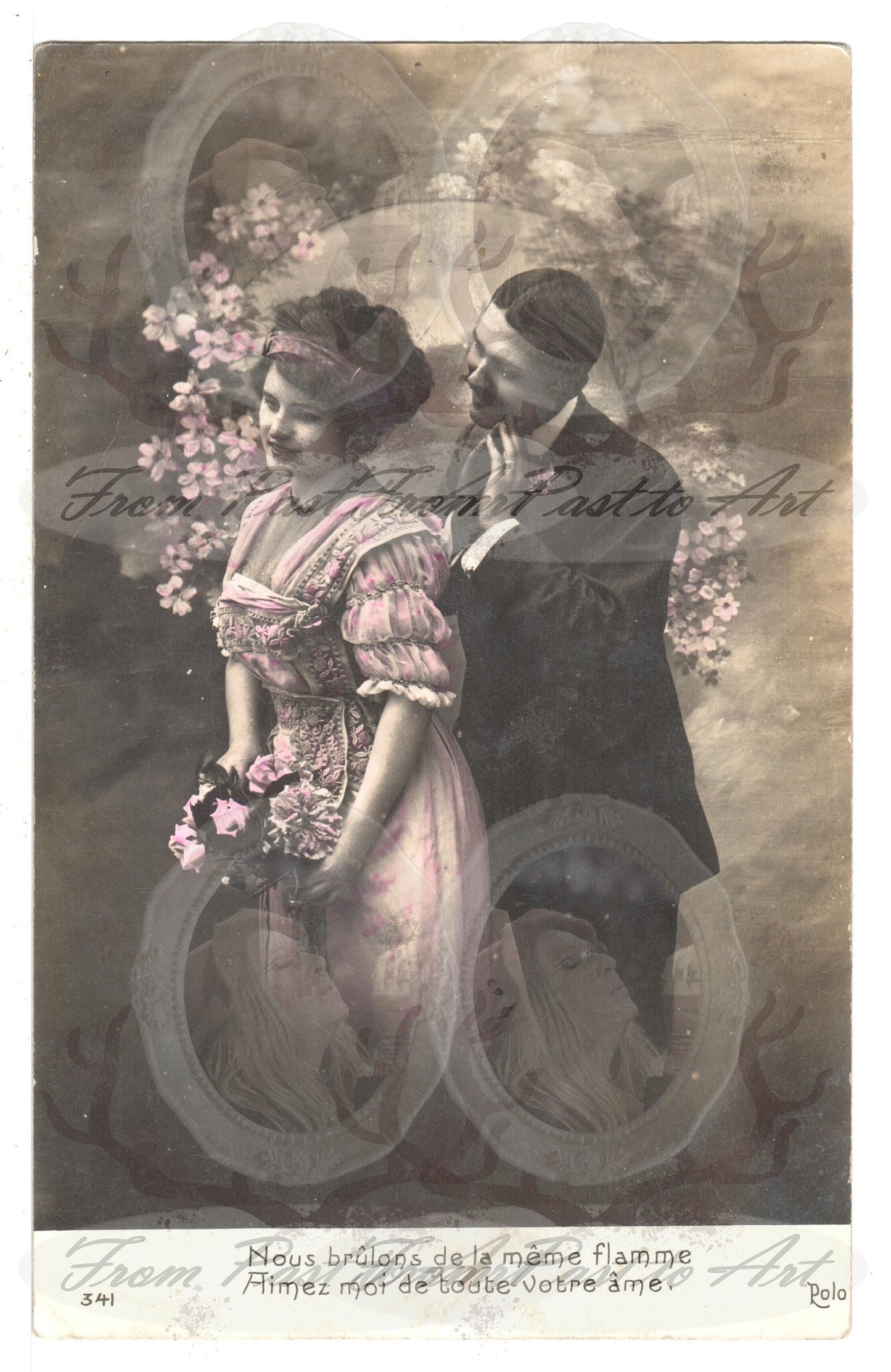 x 8 Authentic Vintage French Postcards - Handwritten Antique - Valentine Love Couples - 600dpi Scans - Out of Collection of more than 400 postcards