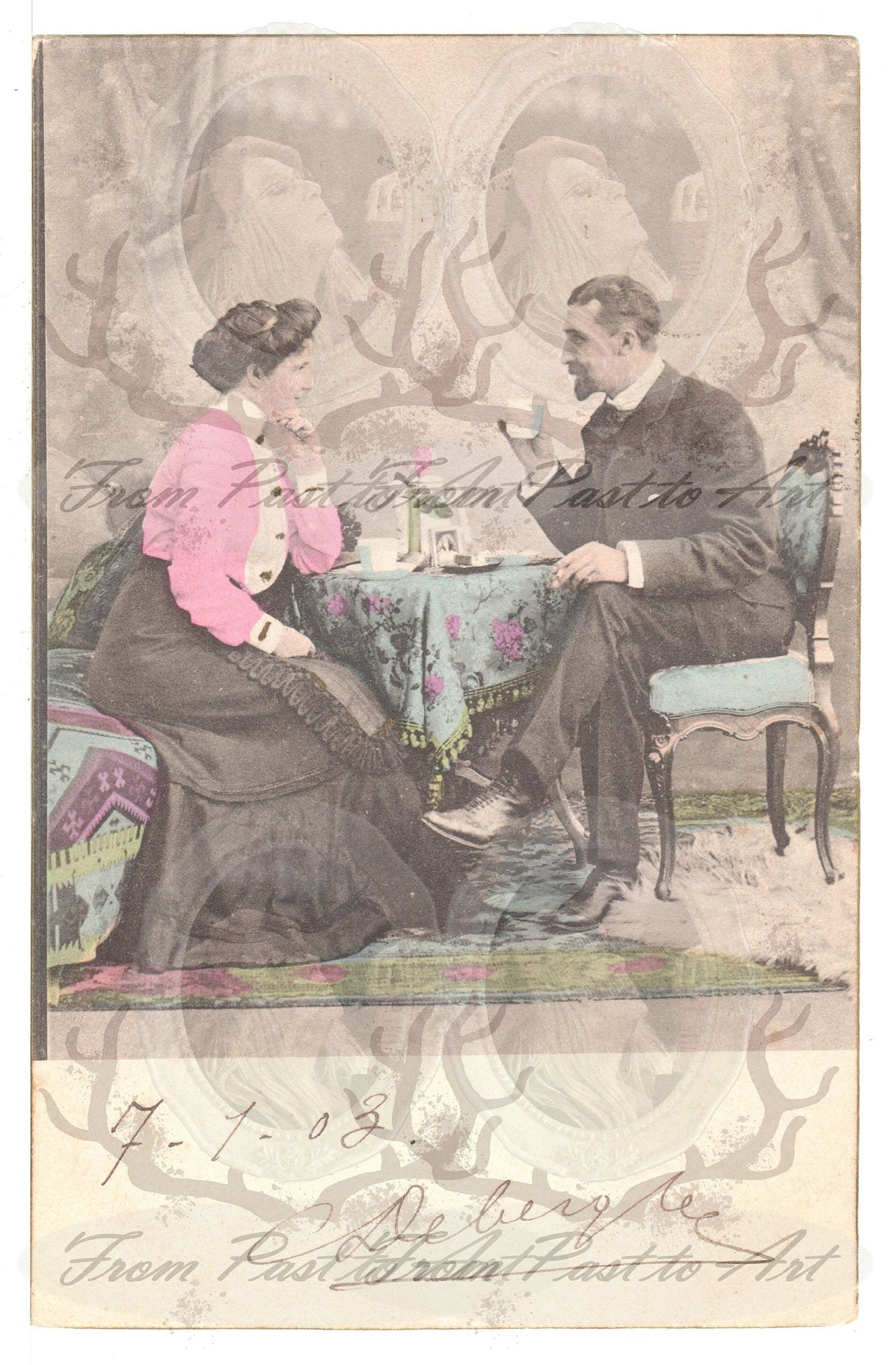 x 8 Authentic Vintage French Postcards - Handwritten Antique - Valentine Love Couples - 600dpi Scans - Out of Collection of more than 400 postcards