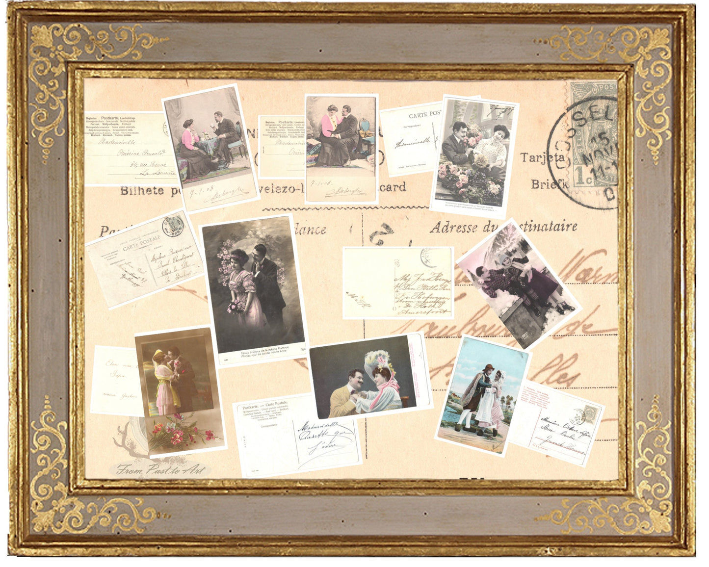 x 8 Authentic Vintage French Postcards - Handwritten Antique - Valentine Love Couples - 600dpi Scans - Out of Collection of more than 400 postcards