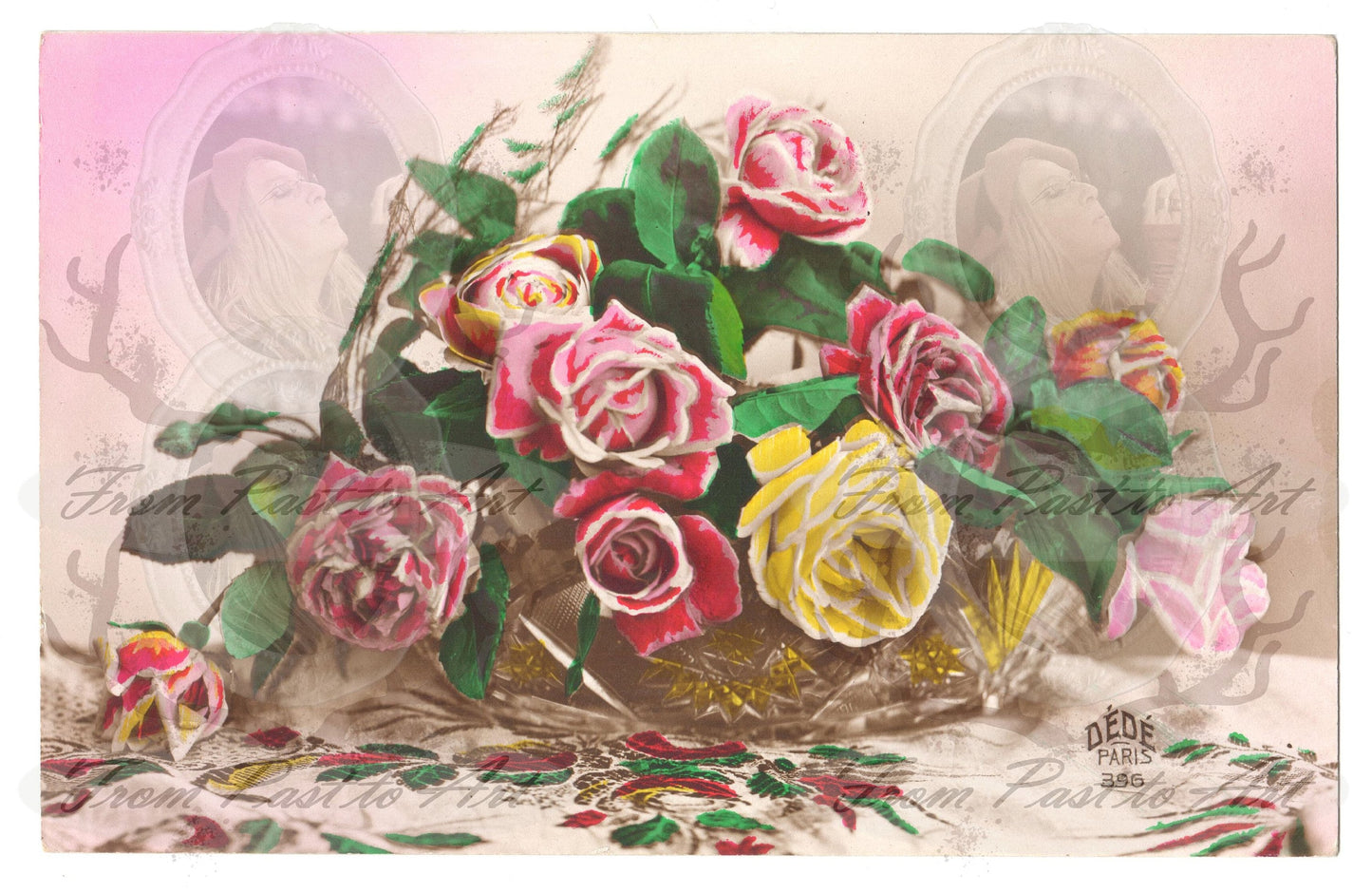 7 Authentic Vintage French Postcards - Handwritten Antique - Flowers- Roses- Occasions-Wishes - 600dpi Scans - Out of Collection of more than 400 postcards