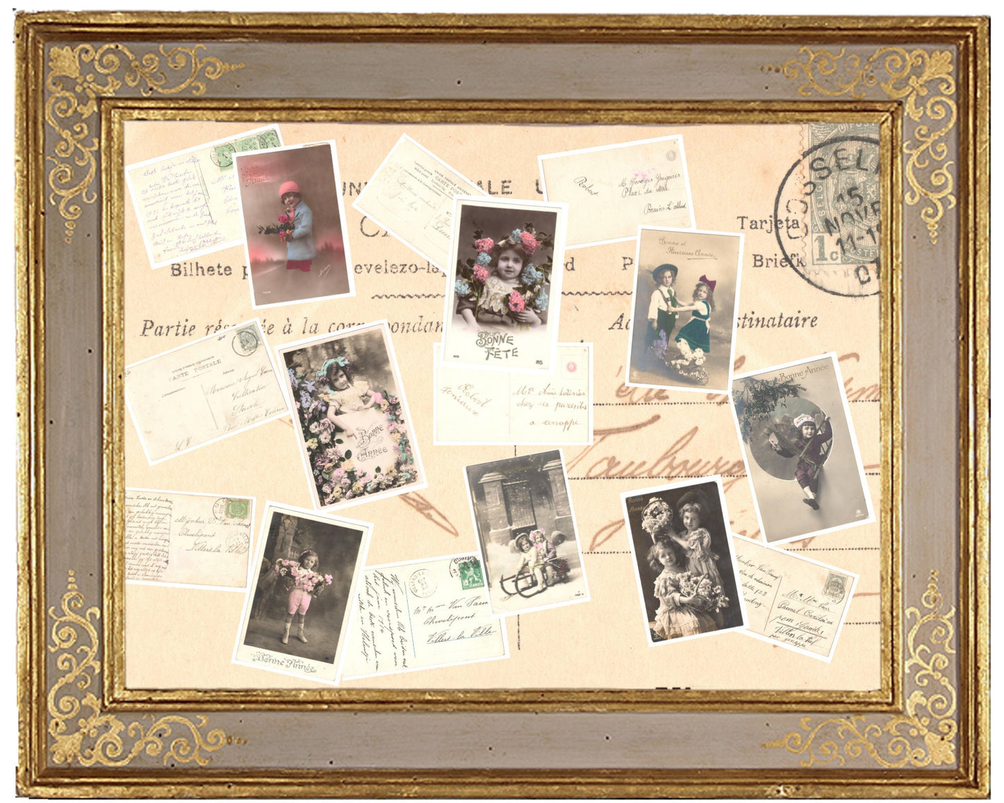 x 8 Authentic Vintage French Postcards - Handwritten Antique - Happy New Year- Holidays - Greetings- Children-600dpi Scans - Out of Collection of more than 400 postcards