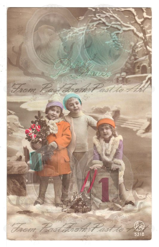 5 Authentic Vintage French Postcards - Handwritten Antique - Happy New Year- Holidays - Greetings- Children-600dpi Scans - Out of Collection of more than 400 postcards