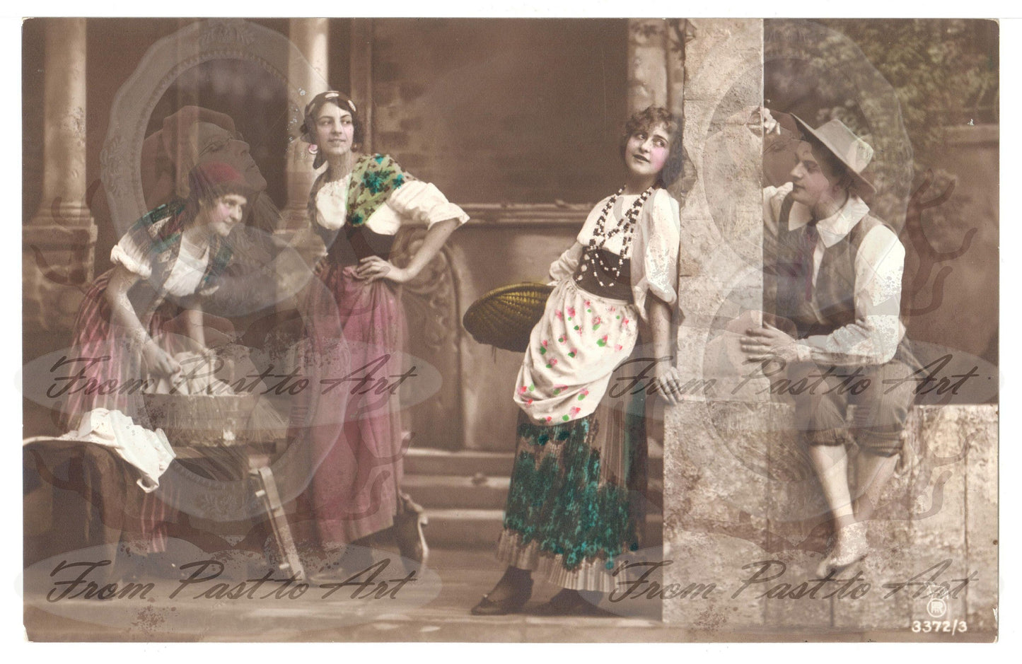 6 Authentic Vintage French Postcards - Handwritten Antique - 3 woman 1 man-flirting- 600dpi Scans - Out of Collection of more than 400 postcards